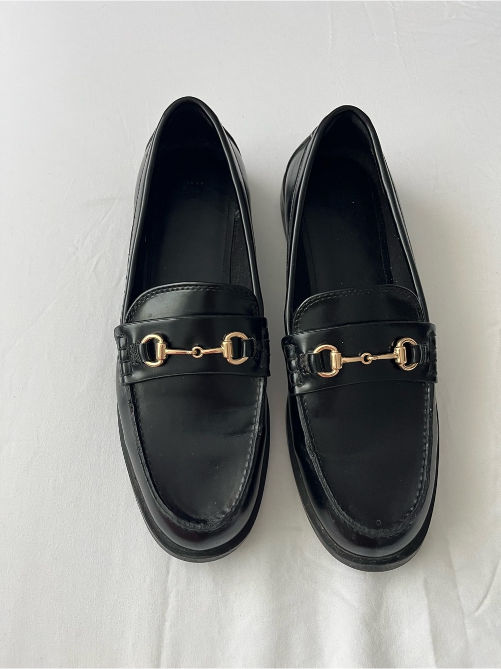 H&M Black Leather Loafers with Gold Horsebit Accent